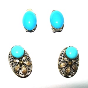 TURQUOISES CLIP On EARRINGS Czech filigree vintage