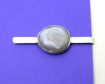 SILVER TIE CLIP with blue agate gemstone vintage