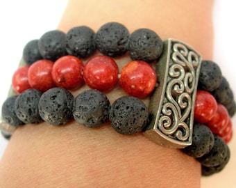 Pulsera CORALES y LAVA VOLCÁN roja