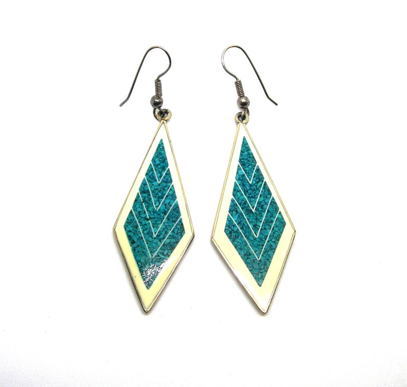 drop earrings turquoise mosaic Vintage Mexican alpaca,hand made