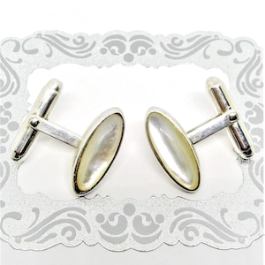 VINTAGE SILVER CUFFLINKS white mother of pearl oval