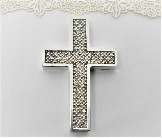 Large Sterling SILVER CROSS ZIRCON Sparkling Ston… - image 8