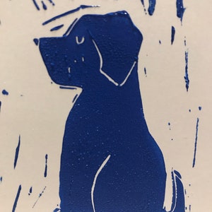 Greetings card blue dog linocut print