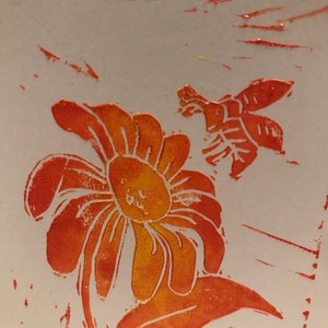 Greetings card with gerbera and bee handprinted linocut image 1