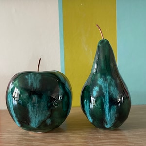 Ceramic handmade pear with copper stalk emerald green