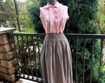 Vintage 1950's Pale Pink Tuxedo Blouse with Black/Pink Striped Skirt