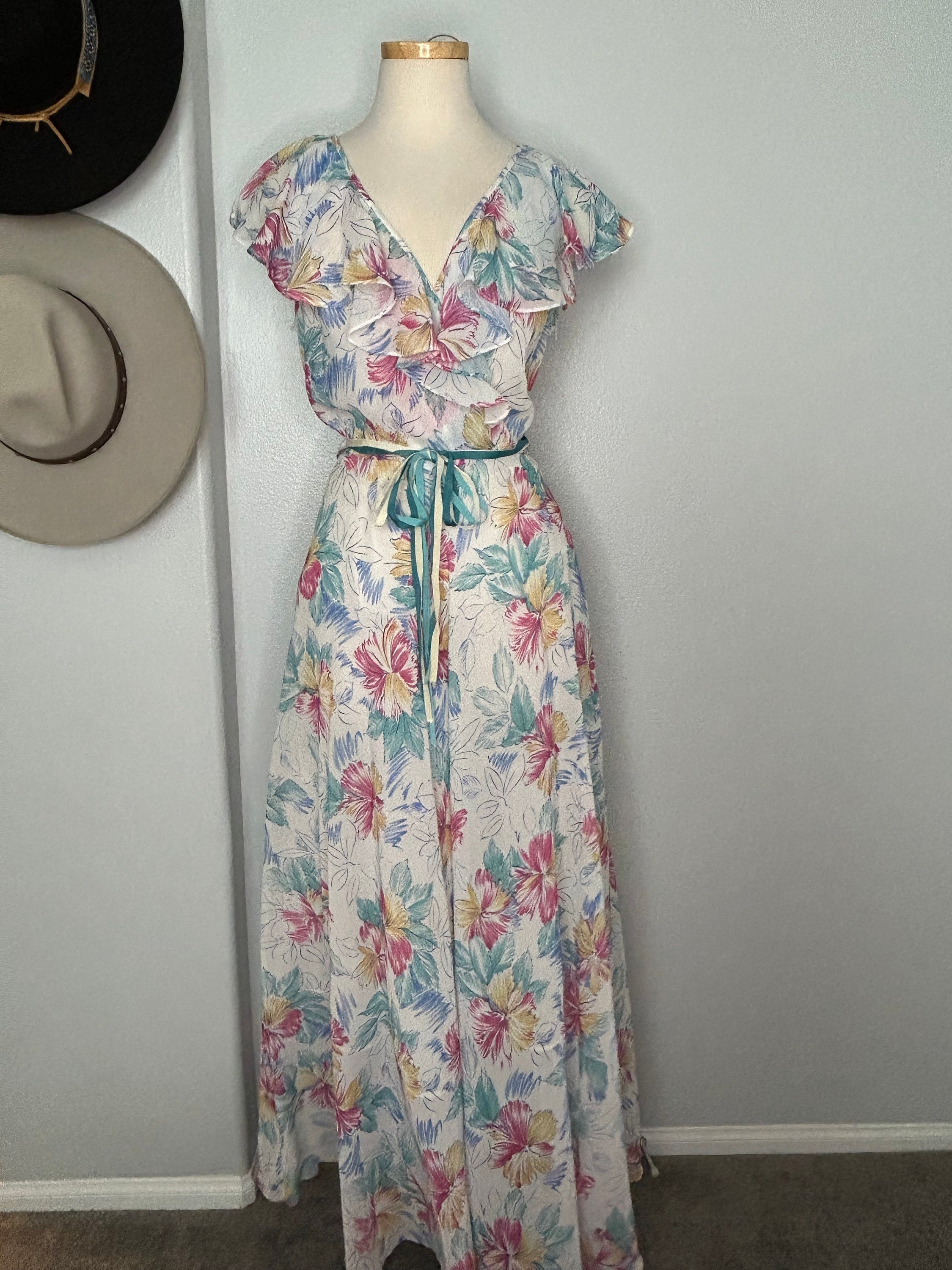 60s boho dress Vintage 60s Polyester Pink Floral Tiered Maxi Boho Dress MEDIUM