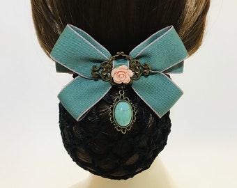 Rose Turquoise Cabochon Teal Ribbon Bow Hair Barrette Clip with Snood Net / Bun Cover / Hair Net - Dressage Bun Cover / Equestrian Bun Cover