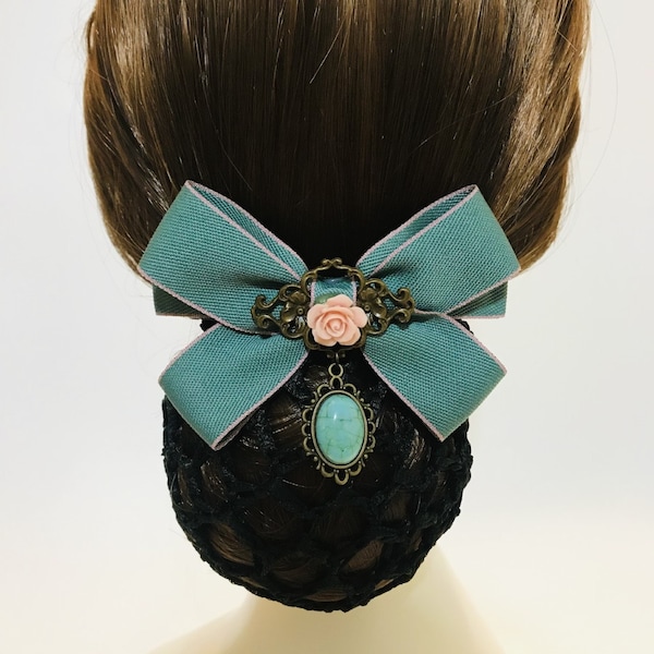 Rose Turquoise Cabochon Teal Ribbon Bow Hair Barrette Clip with Snood Net / Bun Cover / Hair Net - Dressage Bun Cover / Equestrian Bun Cover