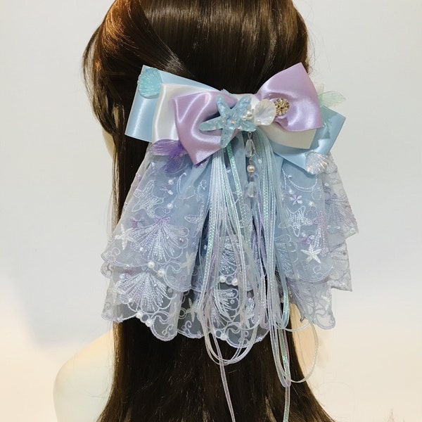 Light Blue Lace Fabric Satin Ribbon Bow, Blue Glitter Starfish, Mermaid & Seashell Lace Hair Bow with French Barrette Clip - Ocean Hair Clip