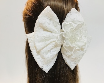 Elegant White Textured Embroidered Cotton Fabric Ribbon Bow with Hair Barrette Clip - bridal hair piece