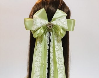 Green Flower Lace Big Hair Bow with Extra Long Ribbon Tails and French Barrette Clip