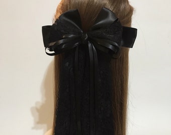 Large Black Satin Ribbon Lace Hair Bow with Long Ribbon Tails and French Barrette Clip