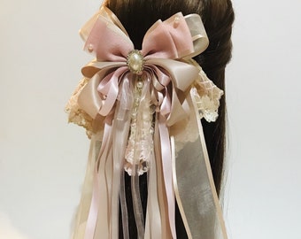 Blush Pink Layered Flower Lace Pink Big Ribbon Hair Bow with Long Ribbon Tails and French Barrette Clip