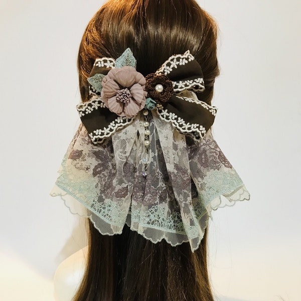 Shabby Chic Beige Lace Fabric Brown Ribbon Bow, Brown Flower Lace Hair Bow with French Barrette Clip