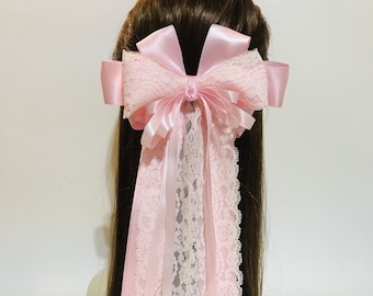 Large Baby Pink / Light Pink Satin Ribbon Lace Hair Bow with Long Ribbon Tails and French Barrette Clip