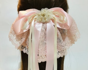 Light Pink Flower Lace Big Hair Bow with Long Ribbon Tails and French Barrette Clip