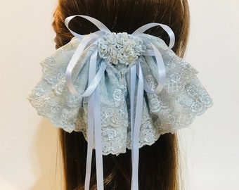 Pale Blue Double Layered Flower Lace Big Hair Bow with French Barrette Clip - bridal hair bow