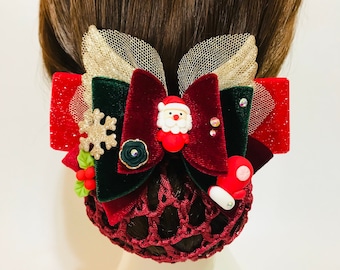 Christmas Themed Velvet Red and Green Ribbon Hair Bow with Snood Net / Bun Cover / Hair Net -  santa, snowflake & holly hair clip