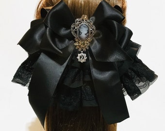 Black Layered Flower Lace Big Hair Bow with French Barrette Clip, black lace hair bow