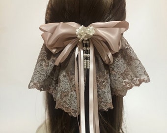 Gold Rose & Light Brown Floral Embroidered Lace Big Hair Bow with Long Ribbon Tails and French Barrette Clip