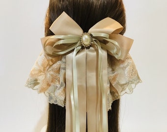 Beige and Champagne Color Flower Lace Big Hair Bow with French Barrette Clip