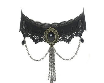 Gothic Steampunk Black Lace Choker Necklace with Chains