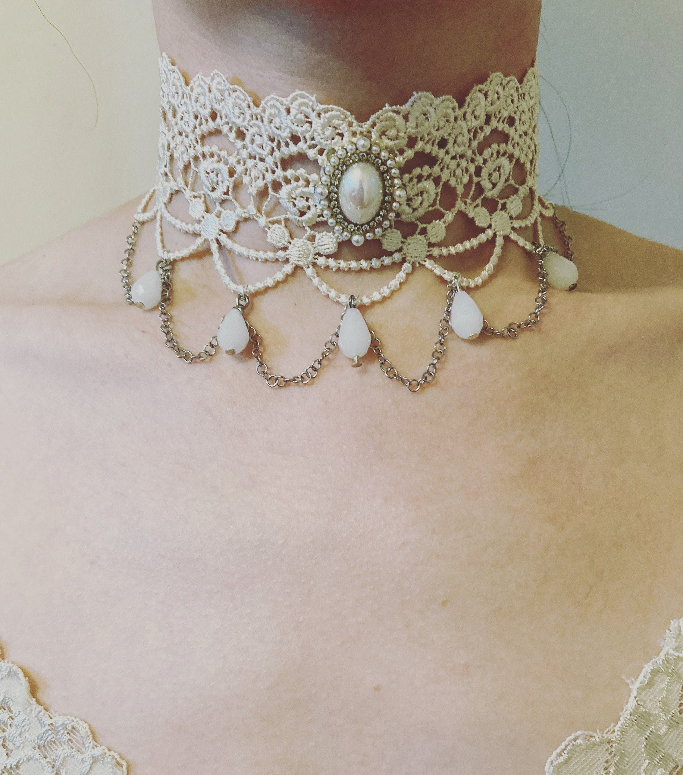 Bridal Jewelry Set, Bridal Choker Necklace Earrings, Wedding Choker, White  Victorian Pearl Jewelry Set, Bridesmaid Jewelry, Choker Set 