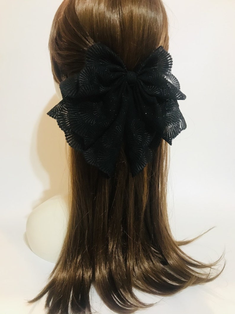 Glitter Black Lace Ribbon Bow Hair Barrette Clip With Snood Etsy