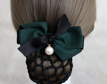 Elegant Pearl Big Green & Black Ribbon Bow Hair Barrette Clip with Snood Net / Bun Cover / Hair Net - Dressage / Equestrian Bun Cover