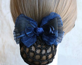 Elegant Blue Rose Flower Big Ribbon Bow Hair Barrette Clip with Snood Net / Bun Cover / Hair Net