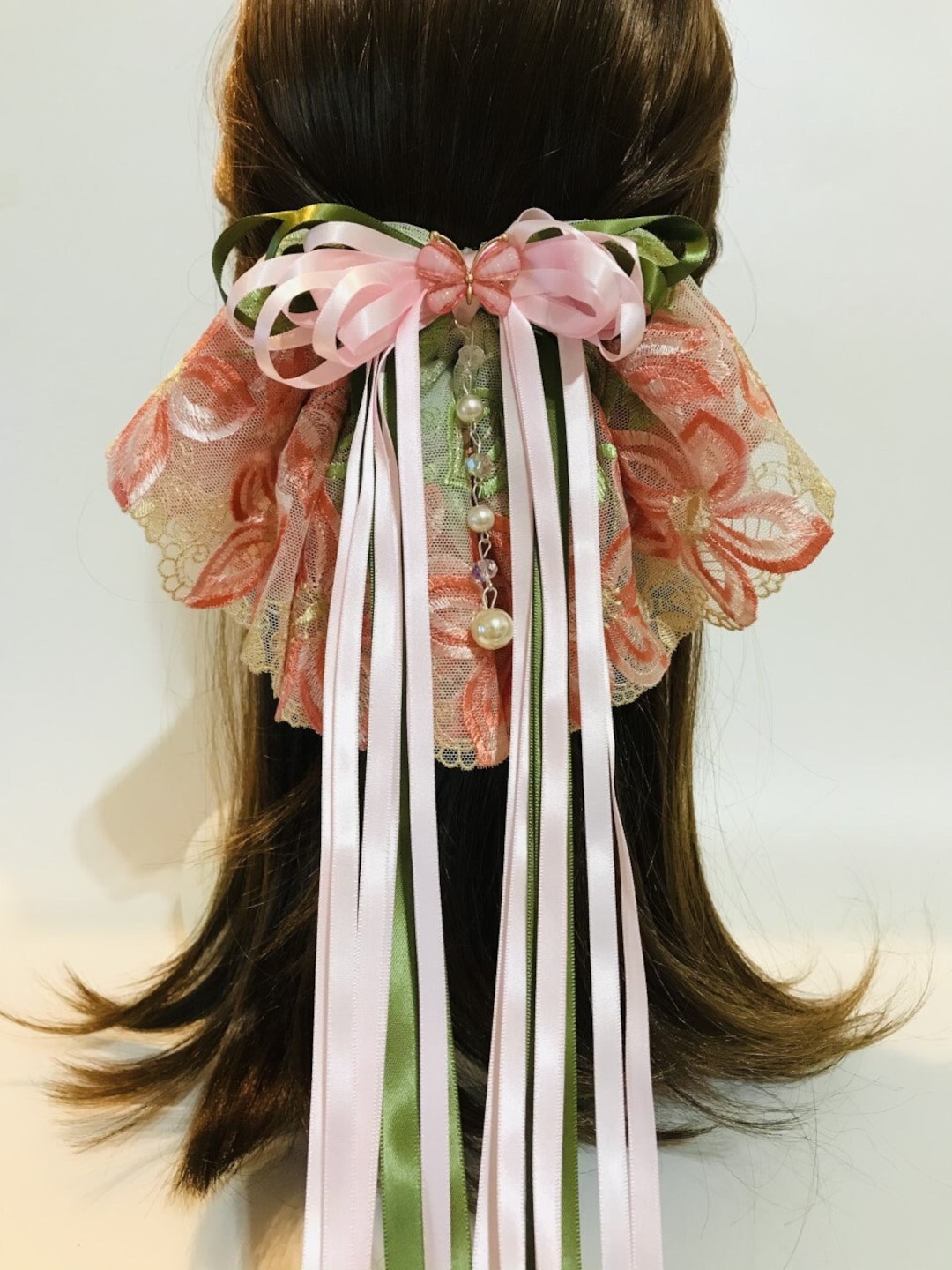 Coral Peachy Flower Green Leaf Lace Big Hair Bow With Long Ribbon Tails and  French Barrette Clip 