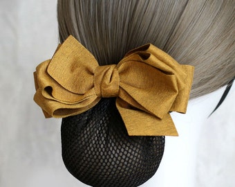 Simple Big Layered Ribbon Bow Hair Barrette Clip with Snood Net / Bun Cover / Hair Net - Fall Hair Bow / Dressage / Equestrian Bun Cover