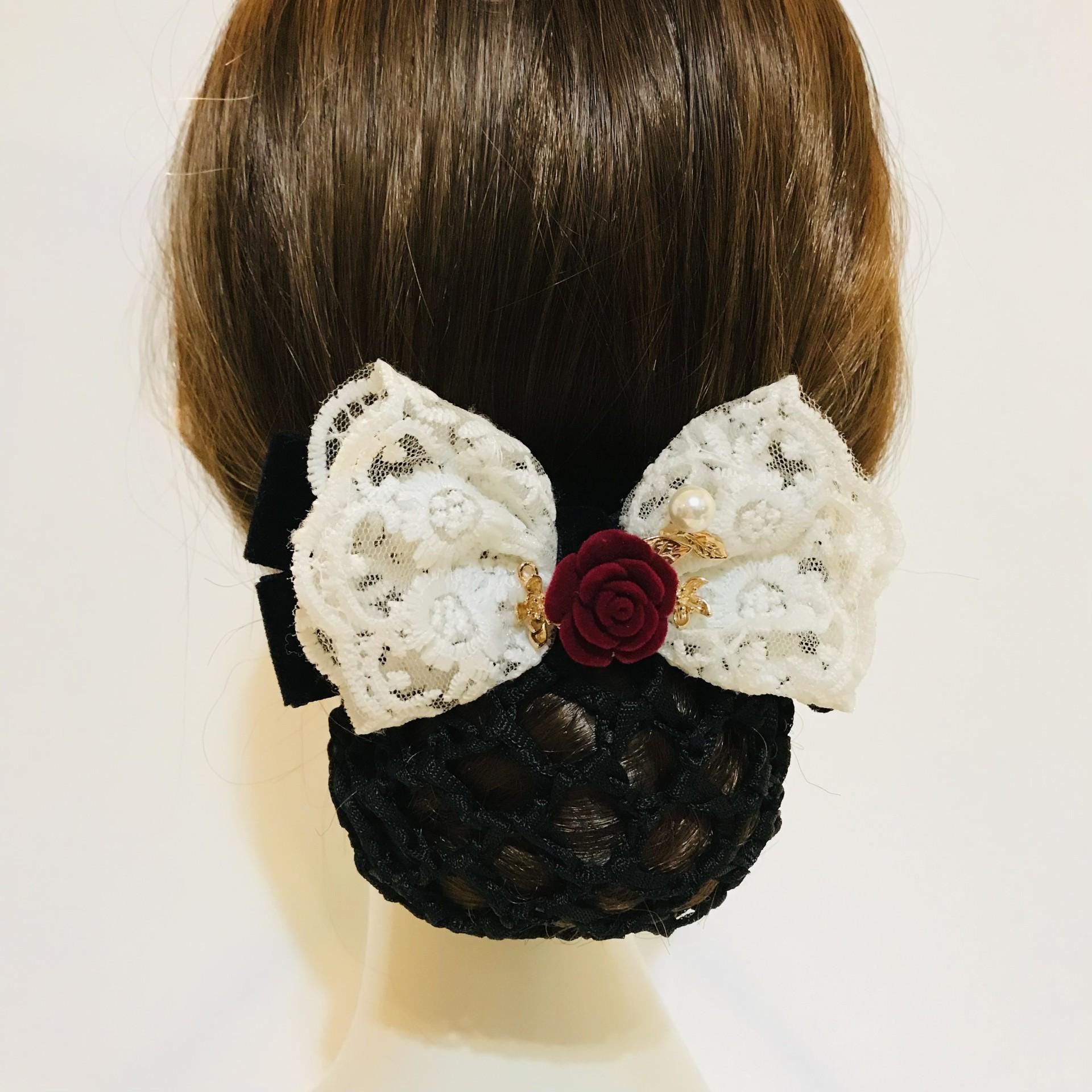 Red Rose, White Lace & Black Velvet Ribbon Bow Hair Barrette