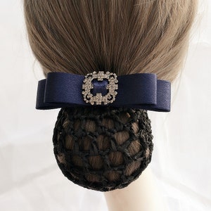 Elegant Big Ribbon Bow Hair Barrette Clip with Snood Net / Bun Cover / Hair Net - Dressage Bun Cover / Equestrian Bun Cover