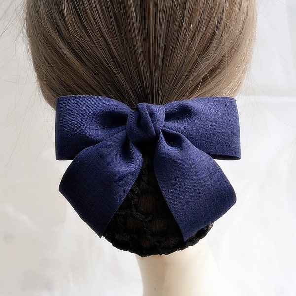 Big Fabric Ribbon Bow Hair Barrette Clip with Snood net / Bun Cover / Hair Net - classic black bow, red bow, green bow, blue bow