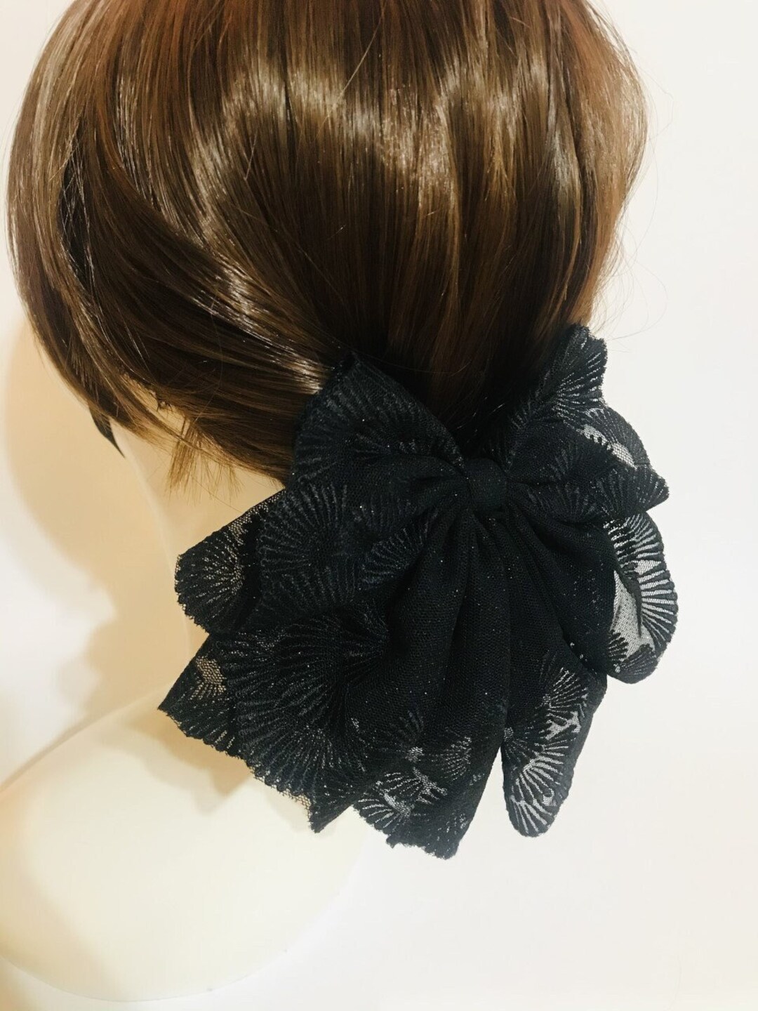 Glitter Black Lace Ribbon Bow Hair Barrette Clip With Snood Etsy