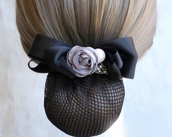 Elegant Fabric Rose Flower Big Black Ribbon Bow Hair Barrette Clip with Snood Net / Hair Net - Dressage Bun Cover / Equestrian Bun Cover