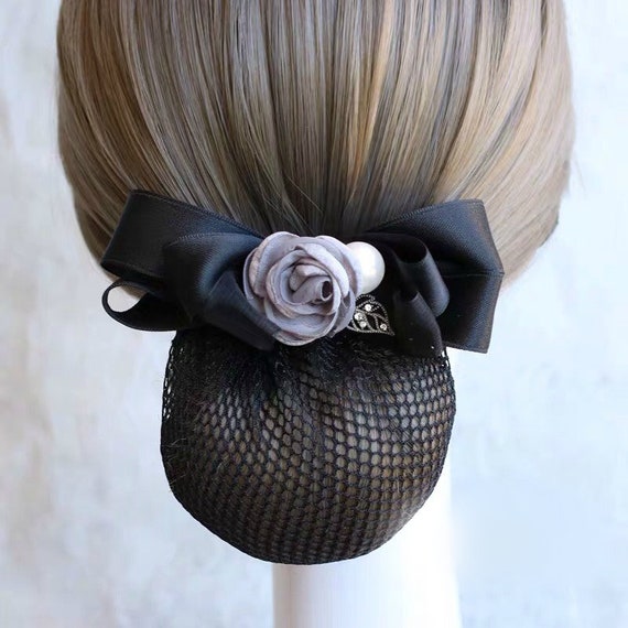 Elegant Fabric Rose Flower Big Black Ribbon Bow Hair Barrette Clip