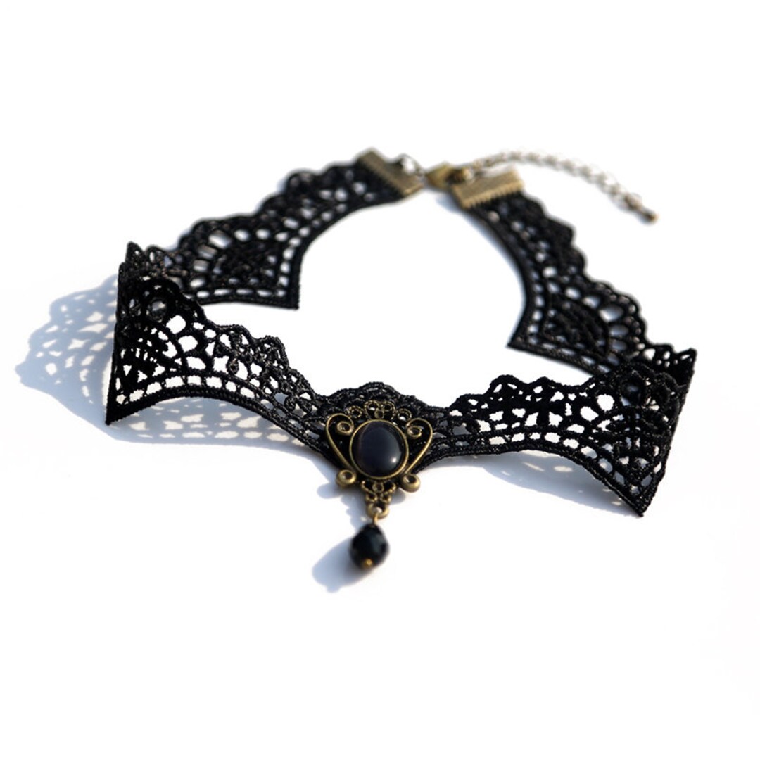 W WEILIRIAN Gothic Black Lace Choker Necklace - Teardrop Crystal Leaf Design For Women & Girls - View #8