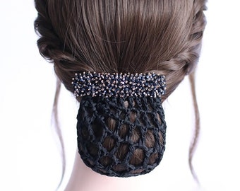 Beaded Crystals Hair Barrette Clip with Snood Net / Bun Cover / Hair Net - Dressage Bun Cover / Equestrian Bun Cover