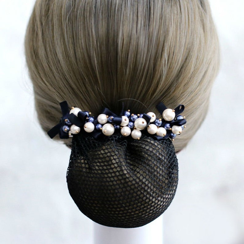 Pearls and Ribbon Bows Hair Barrette Clip with Snood Net / Bun Etsy