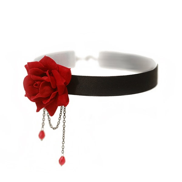 Black Ribbon Choker Necklace with Red Rose / Black Rose / Blue Rose, rose choker