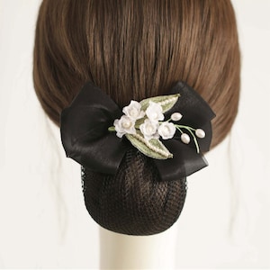 Elegant Black Organza Ribbon Bow White Flowers Hair Barrette Clip with Snood Net / Bun Cover / Hair Net - Dressage / Equestrian Bun Cover