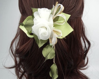 Flower Hair Clip with White Roses & Green Leaves - barrette clip / alligator clip