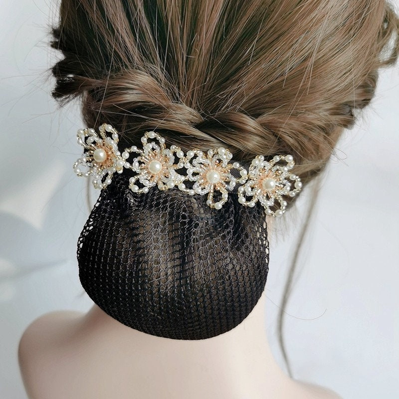 Beaded Pearl Flowers Hair Barrette Clip With Snood Net / Bun Etsy