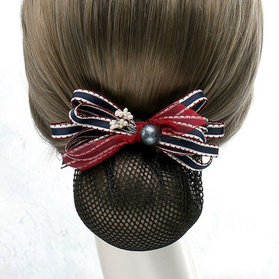 Big Ribbon Bow Hair Barrette Clip With Snood Net Bun Cover Etsy