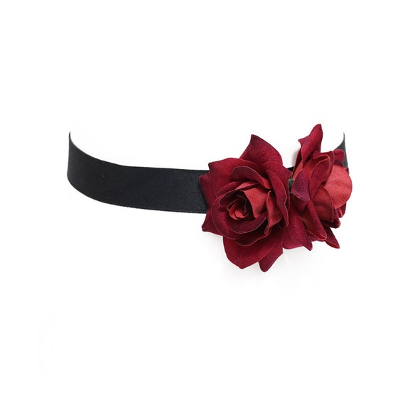 Romantic Double Velvet Dark Red Roses Black Ribbon Choker Etsy