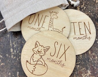 Maandelijkse mijlpaalkaarten voor baby's | Babyfotorekwisiet | Dierenkamerdecoratie | Mijlpaalmarkeringen | Aangepaste babyborden | Houten babycadeau