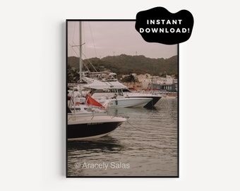 Peut inclure: Une photographie de plusieurs bateaux blancs amarrés dans un port. Les bateaux sont devant une colline avec des bâtiments et des arbres. L'eau est calme et le ciel est couvert.